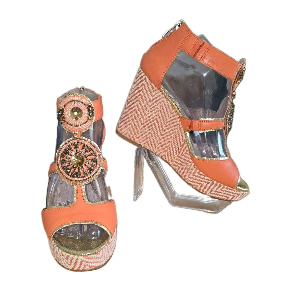 Vince Camuto Torta Coral Leather Espadrille w beads Size 8 Wedge Sandals *read*